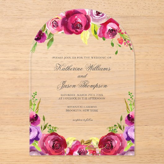Fuchsia Pink Floral Chic Spring Garden Wedding Acryl Uitnodigingen (Voorkant)