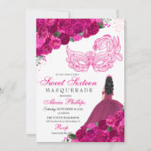 Fuchsia Pink Floral Masquerade Sweet 16 Uitnodigin Kaart (Voorkant)