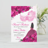 Fuchsia Pink Floral Masquerade Sweet 16 Uitnodigin Kaart (Staand voorkant)