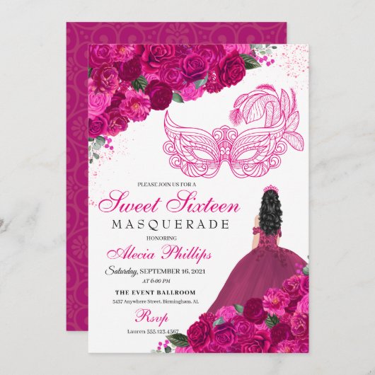 Fuchsia Pink Floral Masquerade Sweet 16 Uitnodigin Kaart (Voorkant / Achterkant)