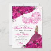 Fuchsia Pink Floral Masquerade Sweet 16 Uitnodigin Kaart (Voorkant)