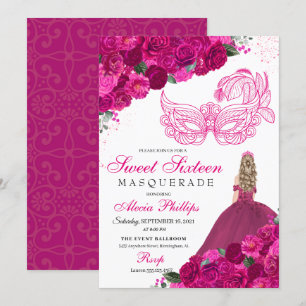 Fuchsia Pink Floral Masquerade Sweet 16 Uitnodigin Kaart
