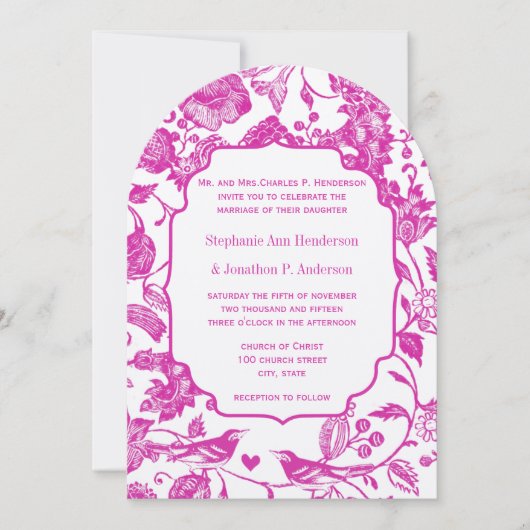 Fuchsia Pink Floral Pattern Bird Wedding Kaart (Voorkant)
