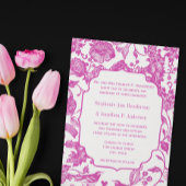  Fuchsia Pink Floral Pattern Bird Wedding Kaart