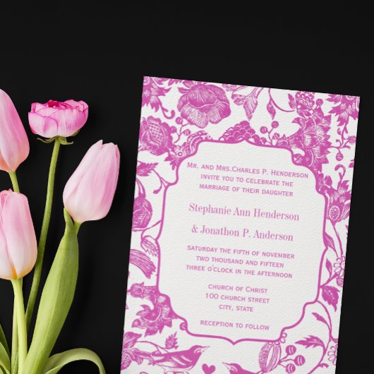 Fuchsia Pink Floral Pattern Bird Wedding Kaart