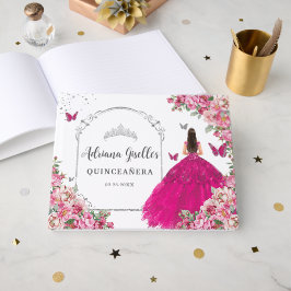 Fuchsia Pink Floral Princess Silver Quinceanera  Gastenboek