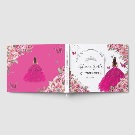 Fuchsia Pink Floral Princess Silver Quinceanera  Gastenboek (Volledig)