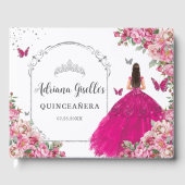 Fuchsia Pink Floral Princess Silver Quinceanera  Gastenboek (Voorkant)