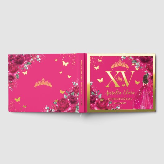 Fuchsia Pink Floral Quinceañera Quince 15 XV Gold Gastenboek (Volledig)