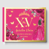 Fuchsia Pink Floral Quinceañera Quince 15 XV Gold Gastenboek (Voorkant)