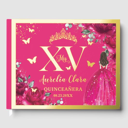 Fuchsia Pink Floral Quinceañera Quince 15 XV Gold Gastenboek (Voorkant)