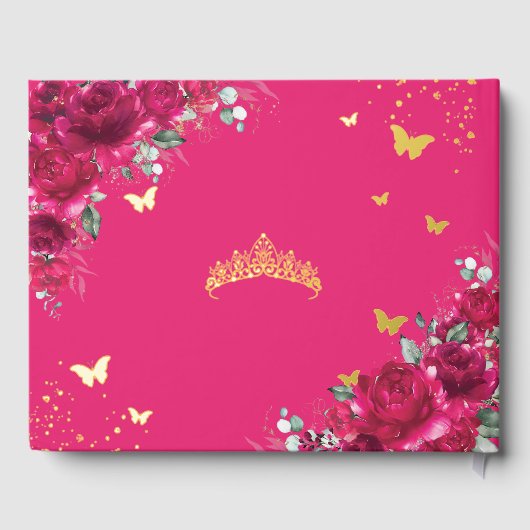 Fuchsia Pink Floral Quinceañera Quince 15 XV Gold Gastenboek (Achterkant)