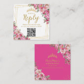 Fuchsia Pink Floral Quinceanera Sweet 16 RSVP QR Informatiekaartje (Voorkant / Achterkant)