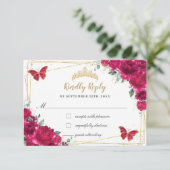Fuchsia Pink Floral Quinceañera Vlinders Reageer RSVP Kaartje (Staand voorkant)
