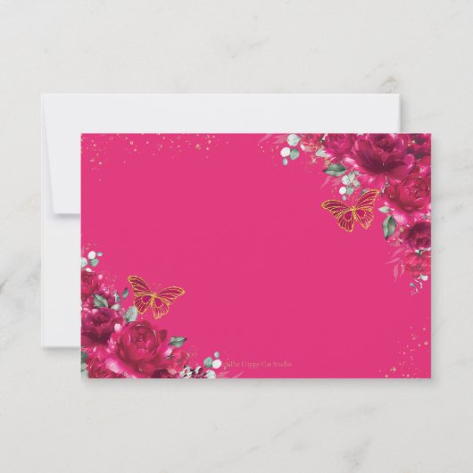 Fuchsia Pink Floral Quinceañera Vlinders Reageer RSVP Kaartje (Achterkant)