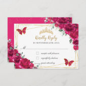 Fuchsia Pink Floral Quinceañera Vlinders Reageer RSVP Kaartje (Voorkant / Achterkant)