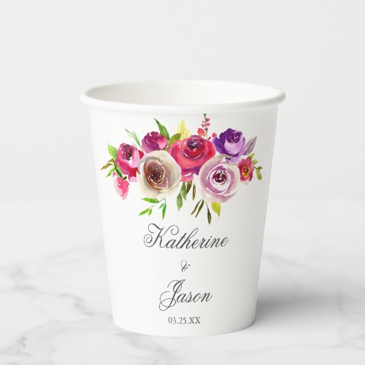 Fuchsia Pink Floral Romantic Modern Garden Wedding Papieren Bekers (Achterkant)