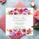 Fuchsia Pink Floral Romantic Rehearsal Dinner Kaart<br><div class="desc">Mooie roze waterverf bloemen versieren dit romantische,  moderne repetitieve diner voor een zomergelegenheid. Het elegante cursieve manuscript wordt omgevormd door een prachtige levendige fuchsia en paarse bloemenboeket van rozen aan beide kanten.</div>