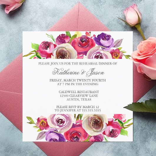 Fuchsia Pink Floral Romantic Rehearsal Dinner Kaart