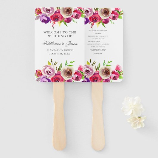 Fuchsia Pink Floral Romantic Roos Garden Weddensch Handwaaier (Voorkant en achterkant)