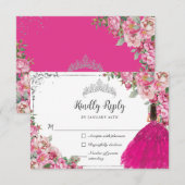 Fuchsia Pink Floral Silver Princess Quinceanera RSVP Kaartje (Voorkant / Achterkant)