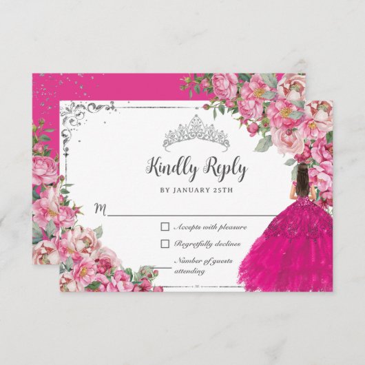 Fuchsia Pink Floral Silver Princess Quinceanera RSVP Kaartje (Voorkant / Achterkant)