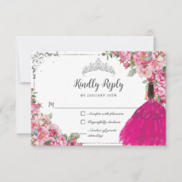 Fuchsia Pink Floral Silver Princess Quinceanera RSVP Kaartje