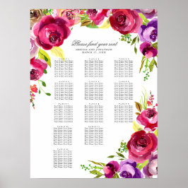 Fuchsia Pink Floral Spring Wedding Seding Chart Poster