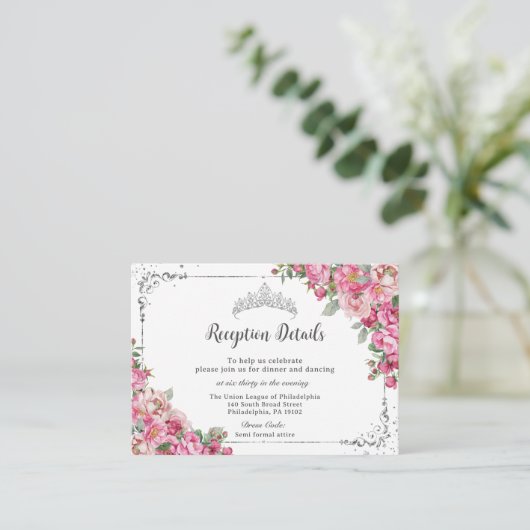 Fuchsia Pink Floral Sweet 16 Quinceañera Reception Informatiekaartje (Staand voorkant)