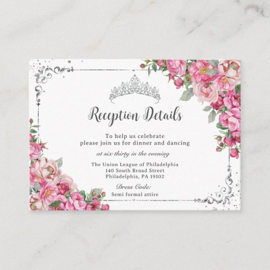 Fuchsia Pink Floral Sweet 16 Quinceañera Reception Informatiekaartje (Voorkant)