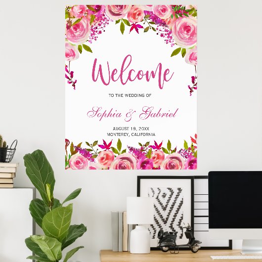 Fuchsia Pink Floral Wedding Welcome Poster (Thuiskantoor)