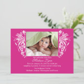 Fuchsia Pink Flourish New Baby Birth Annoucement Kaart (Staand voorkant)