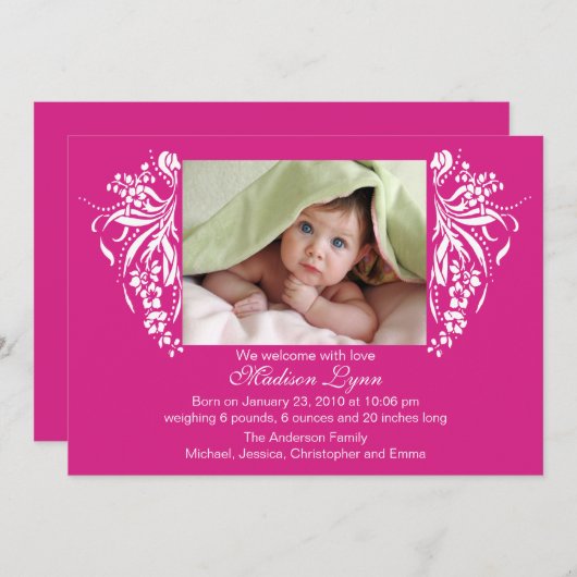 Fuchsia Pink Flourish New Baby Birth Annoucement Kaart (Voorkant / Achterkant)