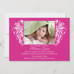 Fuchsia Pink Flourish New Baby Birth Annoucement Kaart