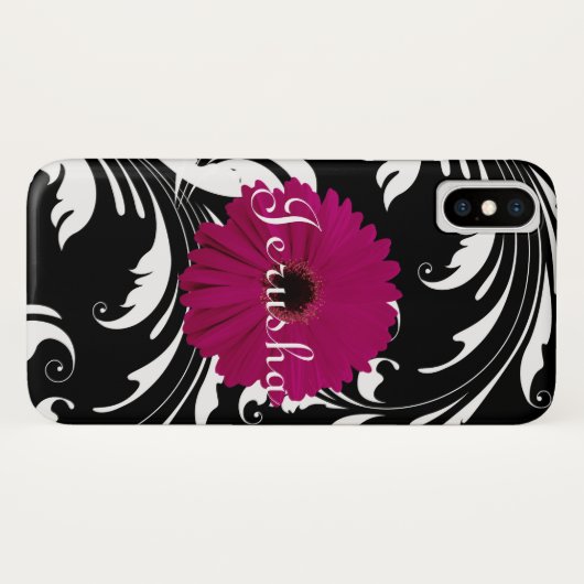 Fuchsia Pink Gerbera Daisy Black/White Swirl Girly Case-Mate iPhone Case (Achterkant (horizontaal))