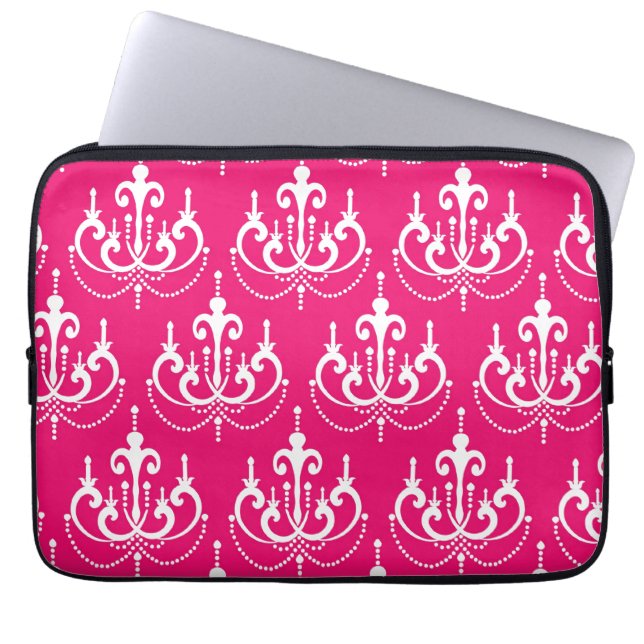 FUCHSIA PINK GIRLY CHANDELIER PATTERN LAPTOP SLEEVE (Voorkant)