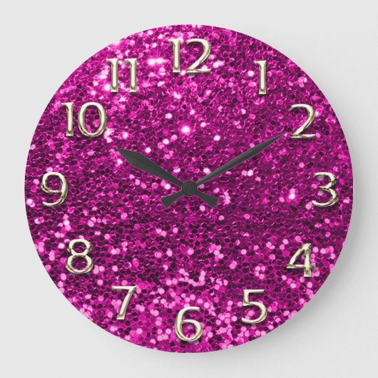 Fuchsia Pink Glitter Arabic Numbers Champaigne Grote Klok (Voorkant)