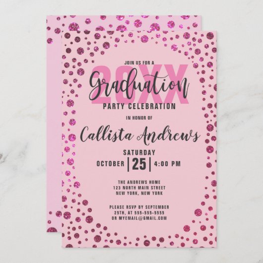 Fuchsia Pink Glitter Confetti Border Afstuderen Kaart (Voorkant / Achterkant)
