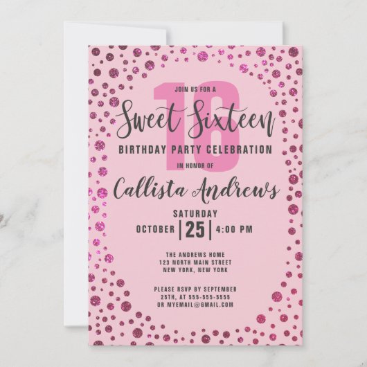 Fuchsia Pink Glitter Confetti Border Sweet 16 Kaart (Voorkant)