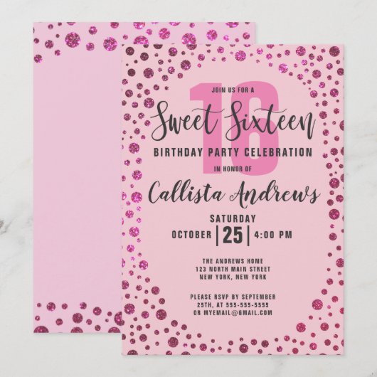 Fuchsia Pink Glitter Confetti Border Sweet 16 Kaart (Voorkant / Achterkant)