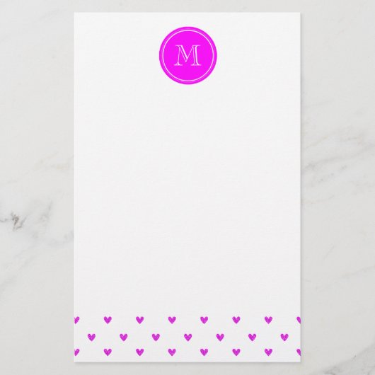 Fuchsia Pink Glitter Hearts met Monogram Briefpapier (Voorkant)