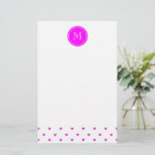 Fuchsia Pink Glitter Hearts met Monogram Briefpapier (Staand voorkant)