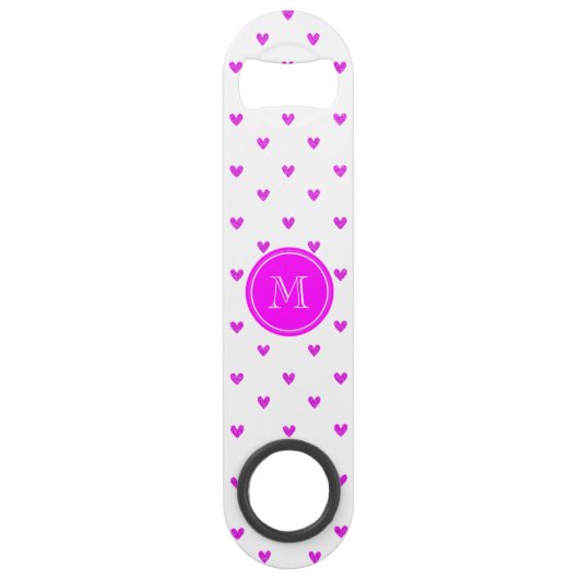 Fuchsia Pink Glitter Hearts met Monogram Speed Flessenopener (Voorkant)