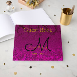 Fuchsia Pink Gold Black Elegant Weddenschap Monogr Gastenboek