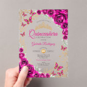 Fuchsia Pink Gold Floral Quinceanera Acryl Uitnodigingen (Insitu (Draagbaar))