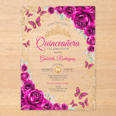 Fuchsia Pink Gold Floral Quinceanera Acryl Uitnodigingen (Voorkant)