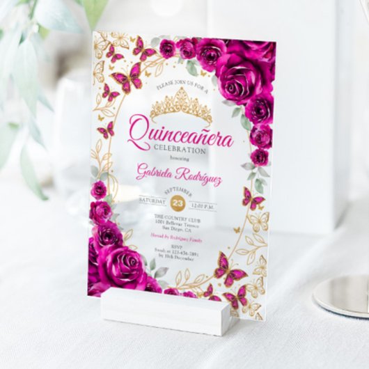 Fuchsia Pink Gold Floral Quinceanera Acryl Uitnodigingen