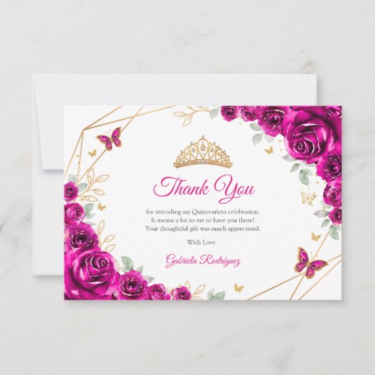 Fuchsia Pink Gold Floral Quinceanera Bedankkaart (Voorkant)