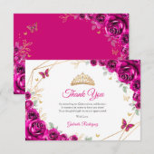 Fuchsia Pink Gold Floral Quinceanera Bedankkaart (Voorkant / Achterkant)