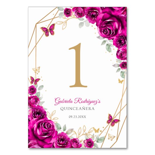 Fuchsia Pink Gold Floral Quinceanera Kaart (Voorkant)